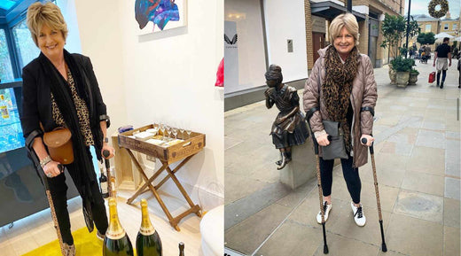 Jane Felstead Sports Leopard Print Cool Crutches via @mummyfelstead Instagram